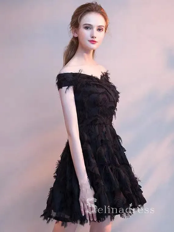 A-line Off-the-shoulder Little Black Lace Short Prom Dress Homecoming Dresses #MHL131