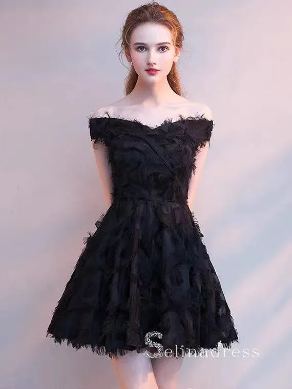 A-line Off-the-shoulder Little Black Lace Short Prom Dress Homecoming Dresses #MHL131