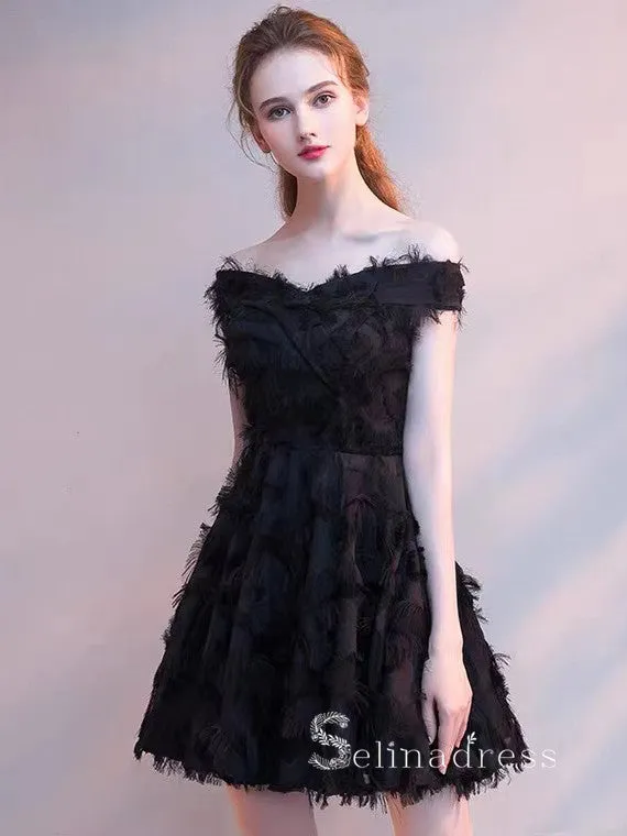 A-line Off-the-shoulder Little Black Lace Short Prom Dress Homecoming Dresses #MHL131