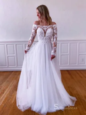 A-line Off-the-shoulder Rustic Wedding Dresses Long Sleeve Bridal Gowns CBD500