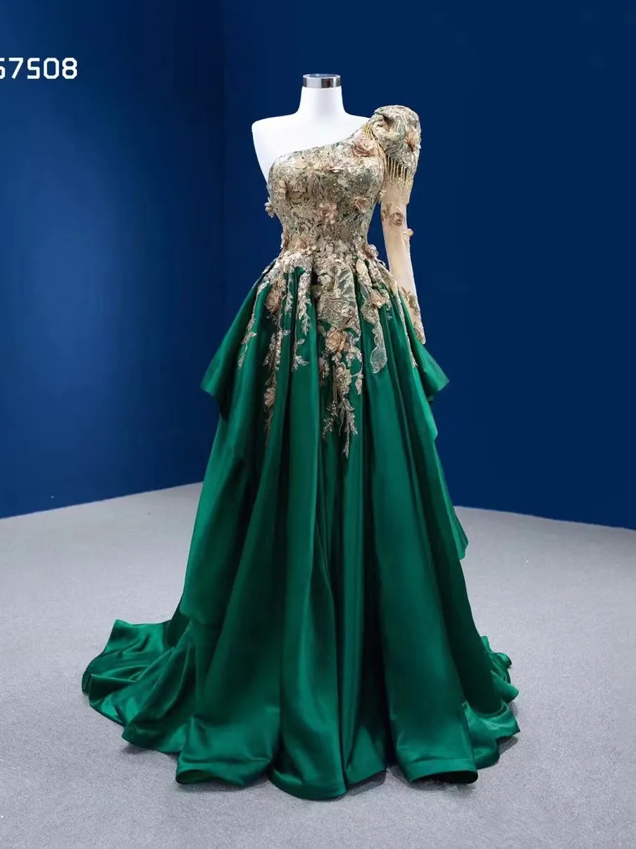 A-line One Shoulder Green Long Prom Dress Applique Evening Gowns RSM67508