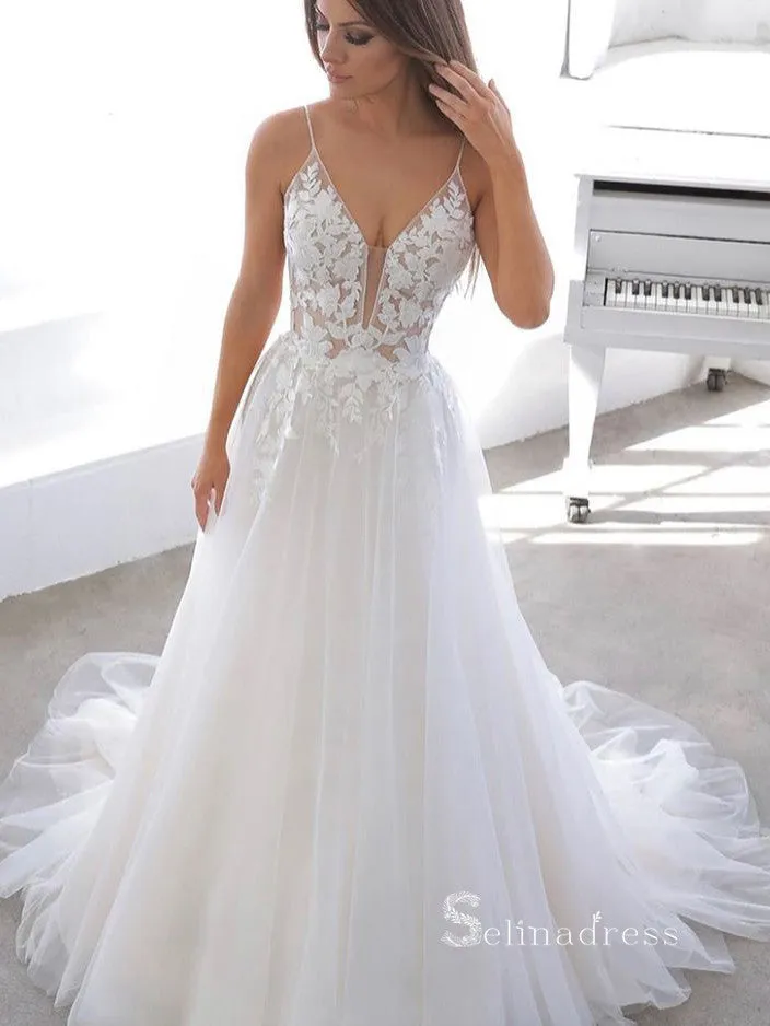 A-line Spaghetti Straps White Tulle Wedding Dress Backless Applique Bridal Dresses RYU032