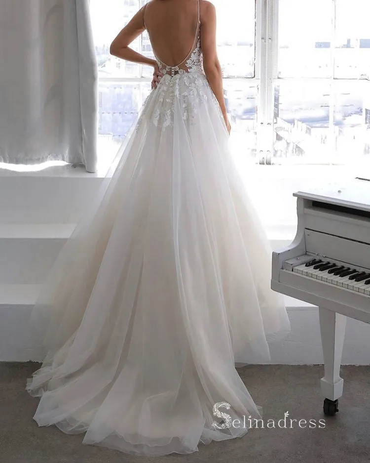 A-line Spaghetti Straps White Tulle Wedding Dress Backless Applique Bridal Dresses RYU032