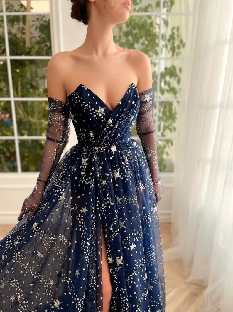 A-line Strapless Unique Dark Navy Prom Dress Gorgeous Evening Gowns #QWE037