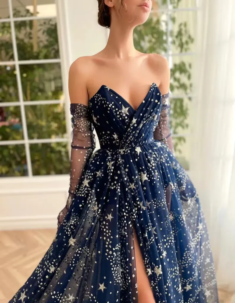 A-line Strapless Unique Dark Navy Prom Dress Gorgeous Evening Gowns #QWE037