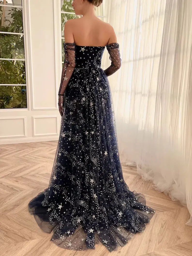 A-line Strapless Unique Dark Navy Prom Dress Gorgeous Evening Gowns #QWE037