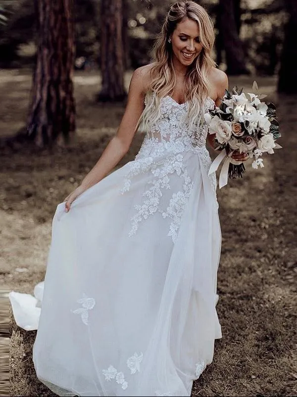 A-line Sweetheart Applique Lace Wedding Dress Rustic Beaded Boho Wedding Dress SED162