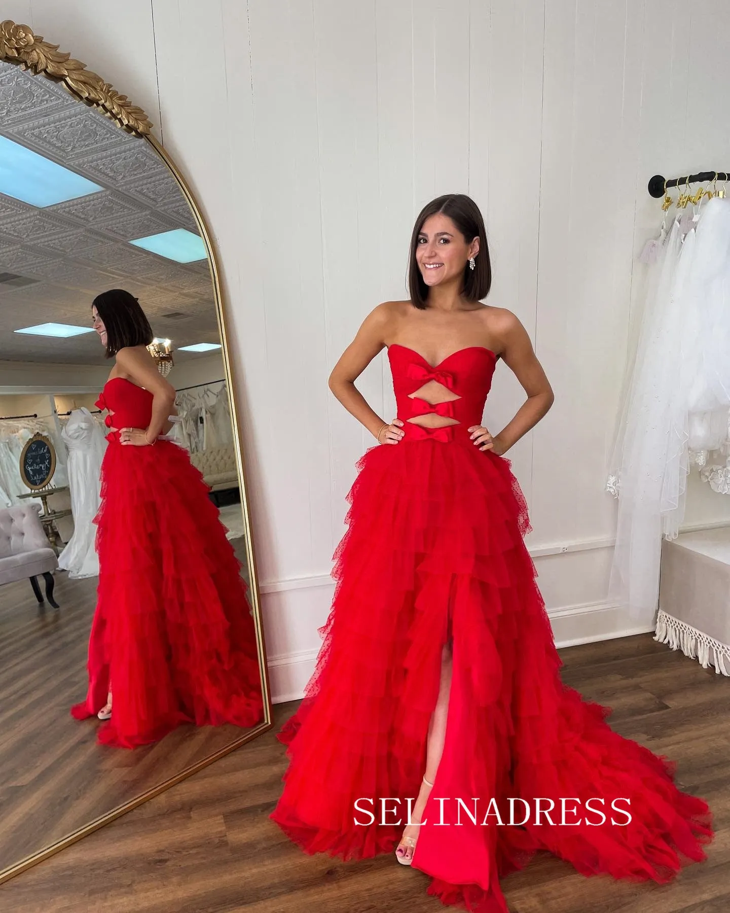 A-line Sweetheart Red Long Prom Dresses Layered Tulle Evening Gowns lpk514