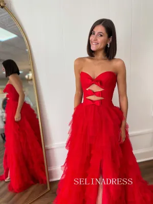 A-line Sweetheart Red Long Prom Dresses Layered Tulle Evening Gowns lpk514