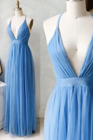 A-Line Tulle Long Prom Dresses Simple V-Neck Party Dresses