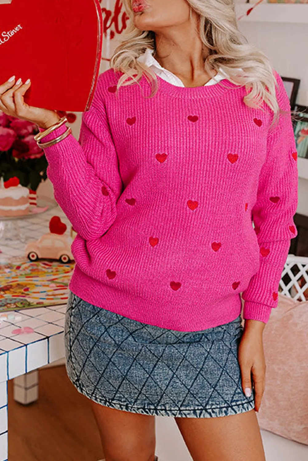 Alexis Heart Pattern Round Neck Sweater | S-XL | PRE ORDER