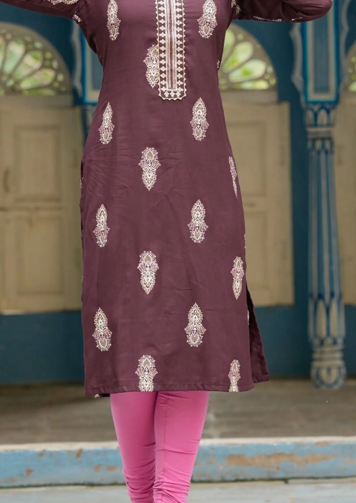 Alluring Brown Color Gold Design Print Rayon Kurti For Women