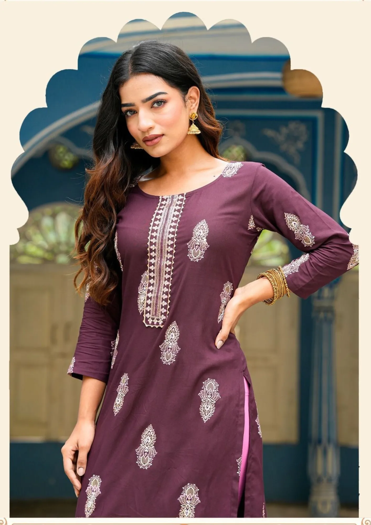 Alluring Brown Color Gold Design Print Rayon Kurti For Women