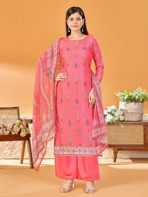 Alok Printed Pink Unstitched Cotton Suit Material with Dupatta for Ladies