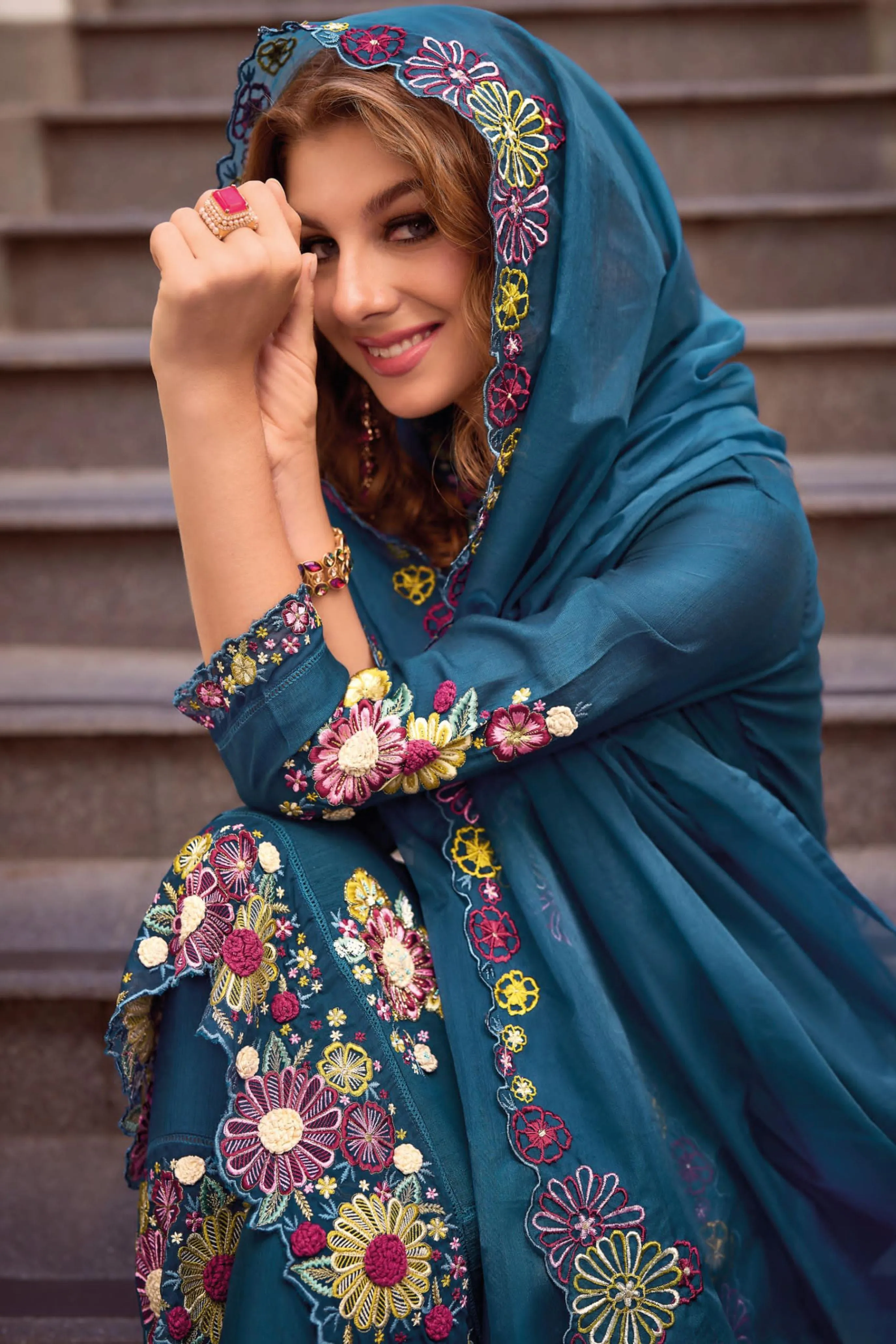 Amazing Teal Blue Color Salwar Suits With Embroidery Work For Women