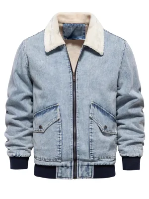 Autumn Winter Fur Collar Jacket for Men Warm Thicken Fleece Men's Jeans Jacket and Coat Casual Fashion Denim Jacket Men