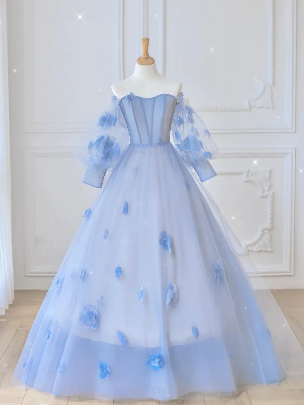 Ball Gown Long Sleeve Light Sky Blue Sweet 16 Dress Cheap Evening Dresses RYU037