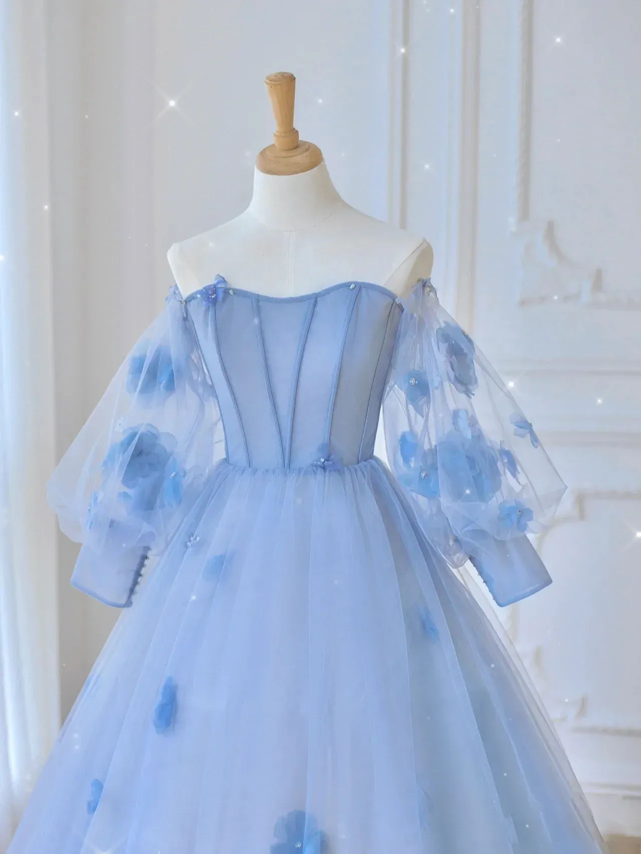 Ball Gown Long Sleeve Light Sky Blue Sweet 16 Dress Cheap Evening Dresses RYU037