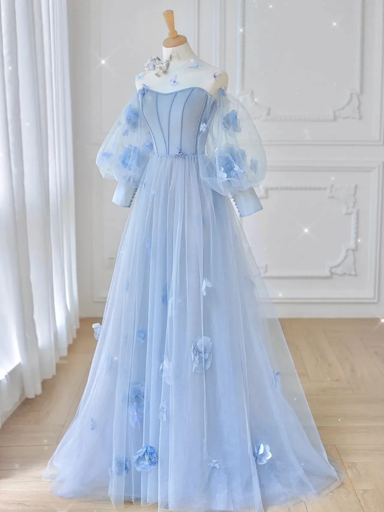 Ball Gown Long Sleeve Light Sky Blue Sweet 16 Dress Cheap Evening Dresses RYU037