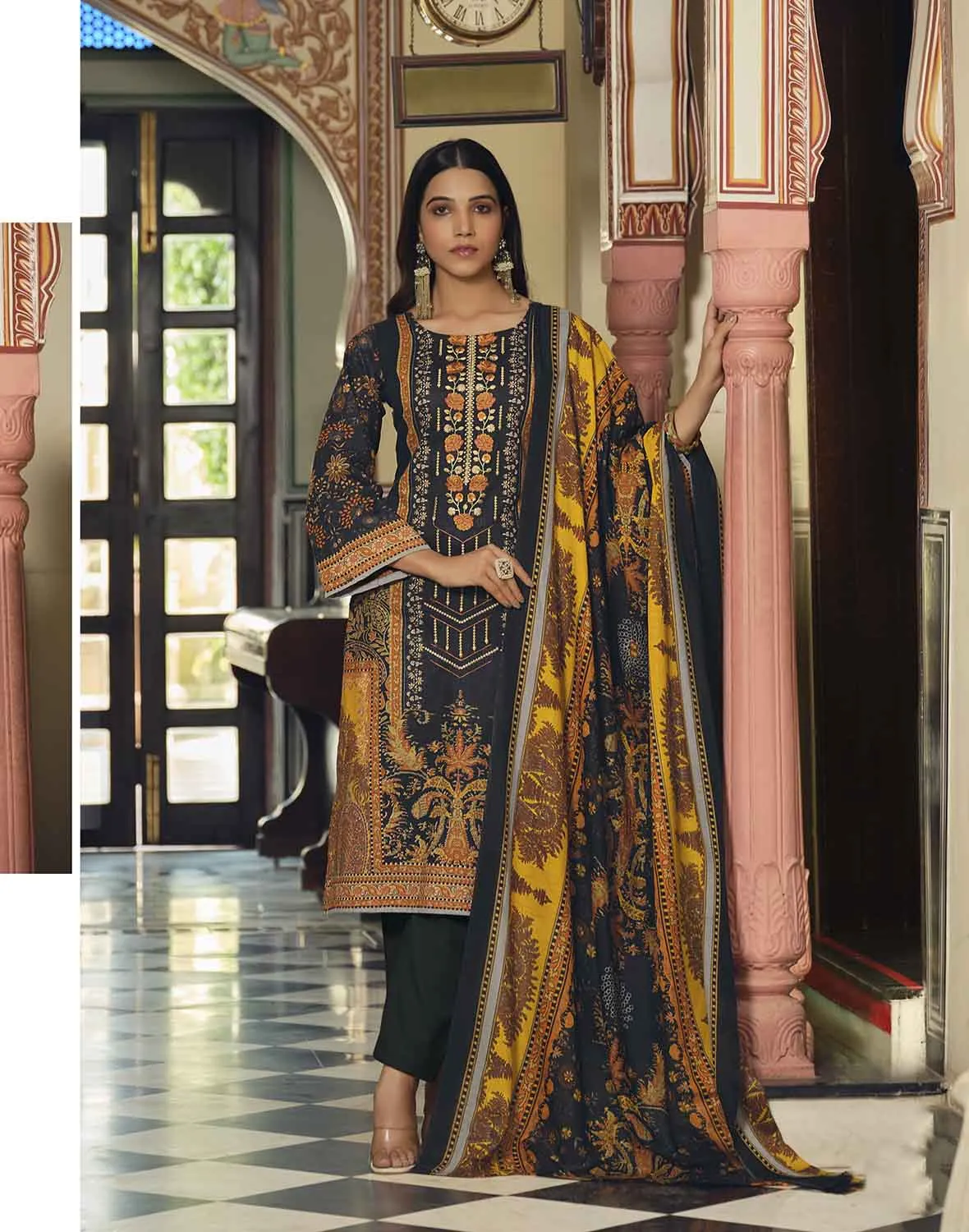 Belliza Pakistani Print Unstitched Cotton Suits with Dupatta Black