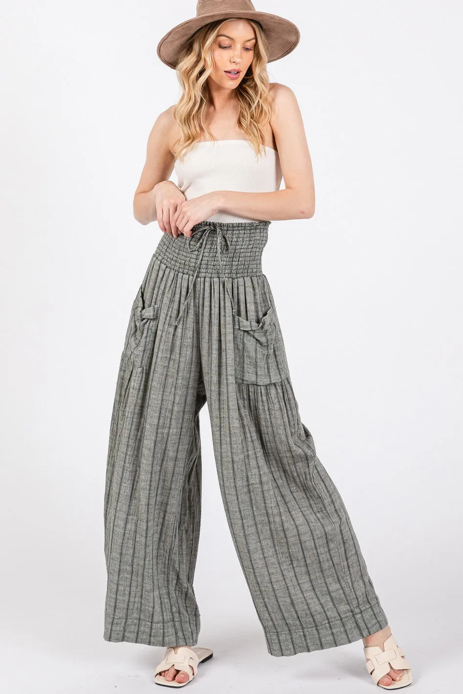 Black Cotton Gauze Soft Wash Stripe Pants