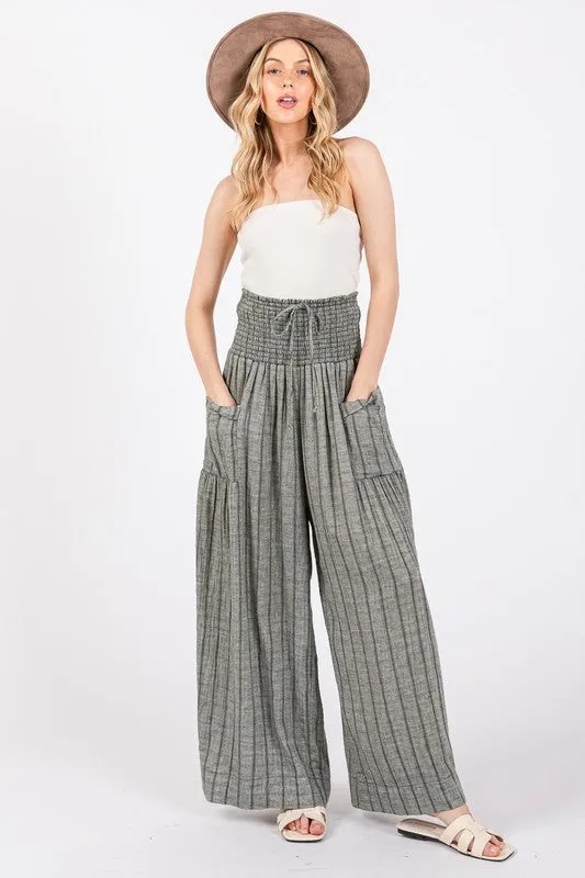 Black Cotton Gauze Soft Wash Stripe Pants