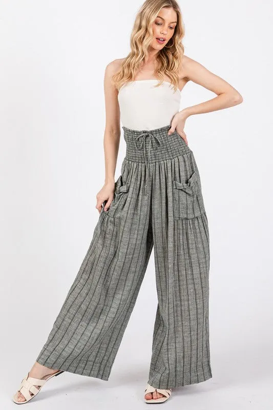 Black Cotton Gauze Soft Wash Stripe Pants