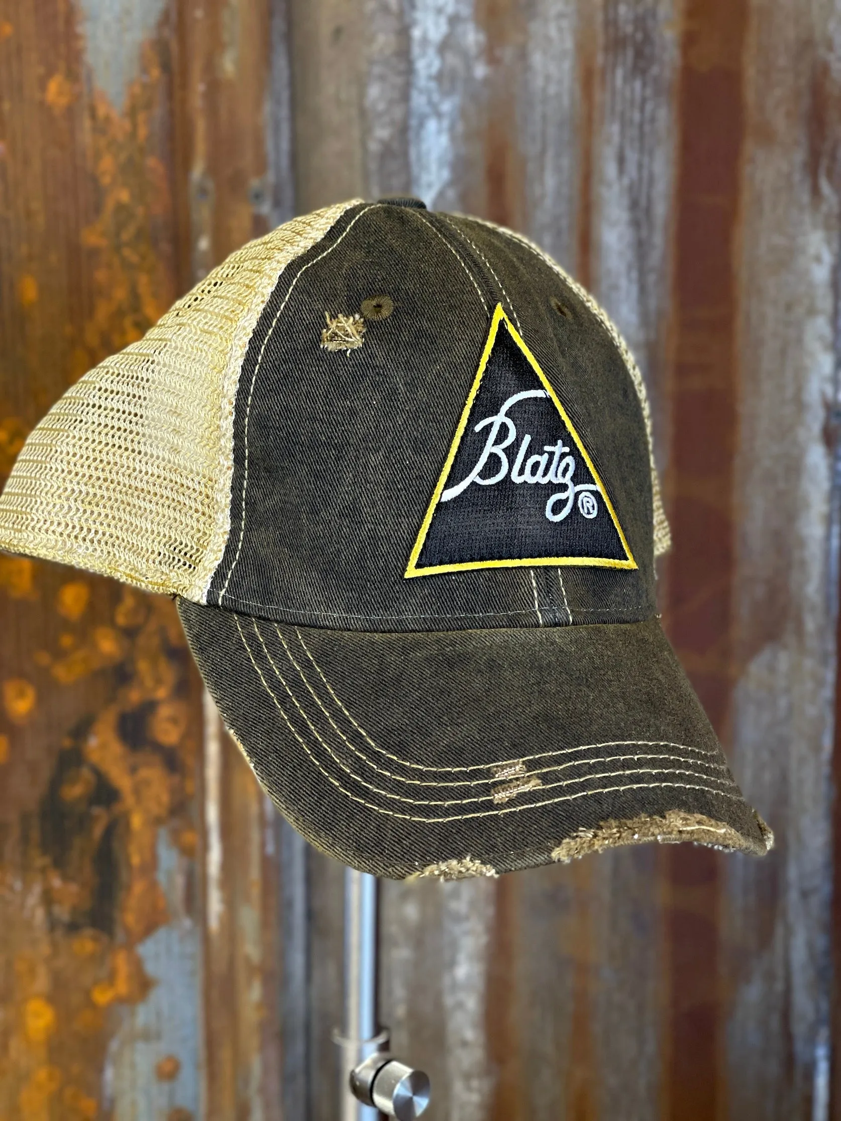 Blatz Beer Triangle Patch- Distressed Black Snapback Hat