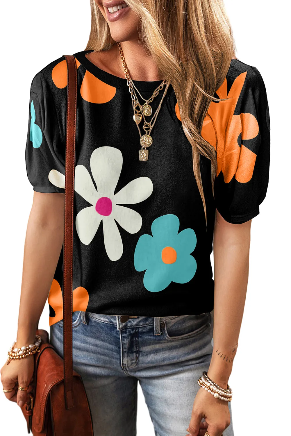 Blossom Breeze: Chic Floral Charm Bubble Sleeve Tops