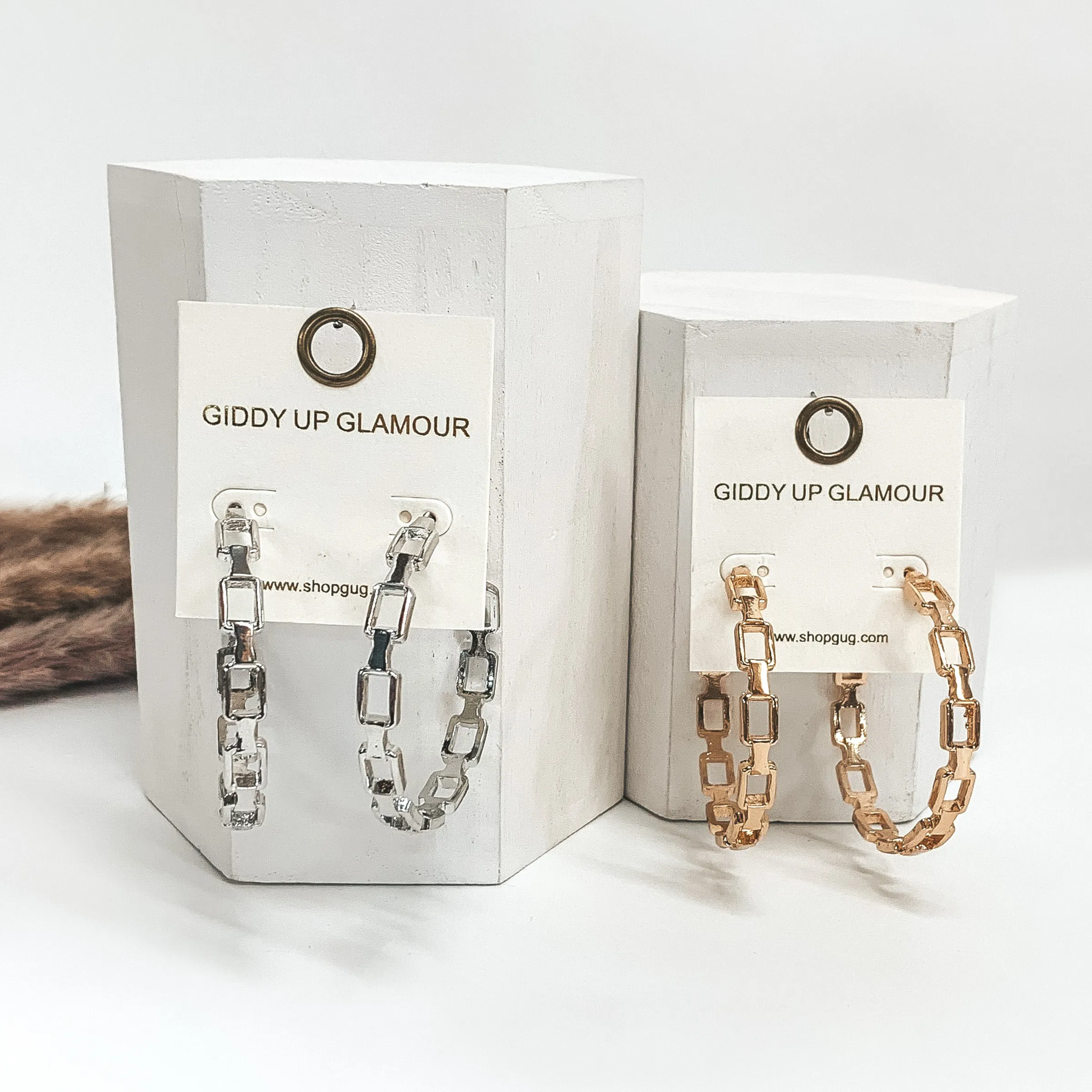 Box Chained Large Hoops in Gold Tone