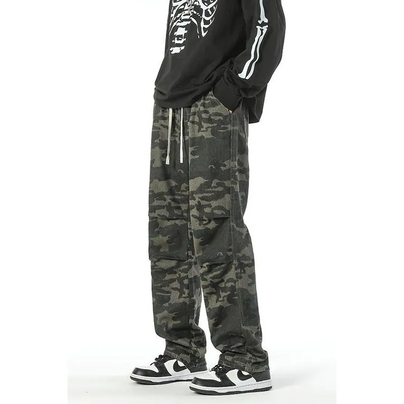 Casual Camouflage Straight Leg Drawstring Straight Leg Pants