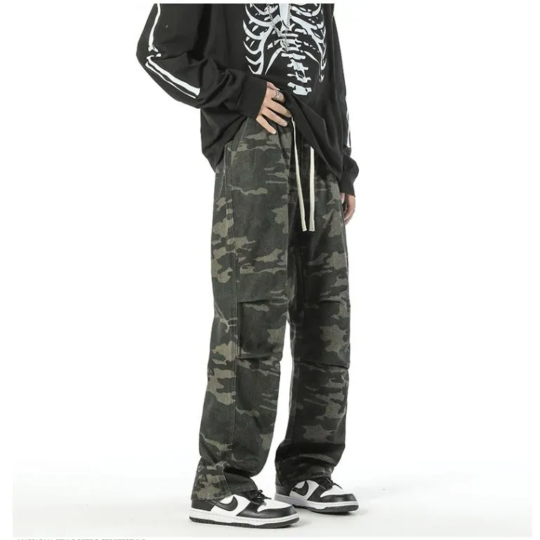 Casual Camouflage Straight Leg Drawstring Straight Leg Pants