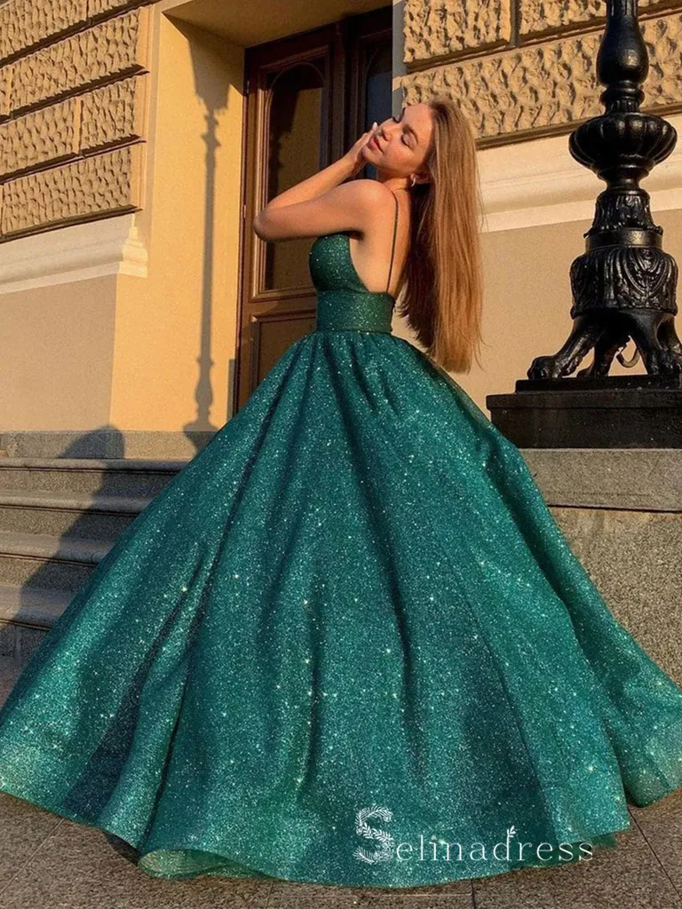 Chic A-line Spaghetti Straps Sparkly Long Prom Dresses Green Evening Dresses MLH1226