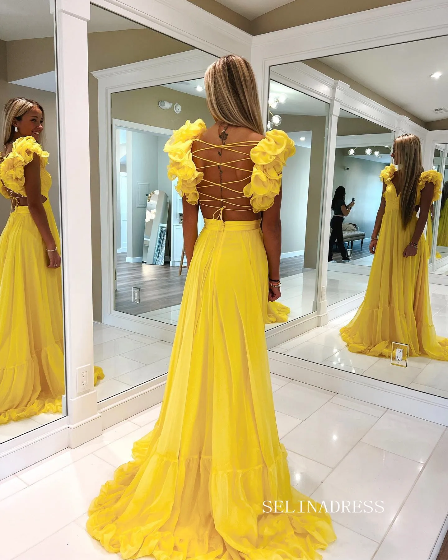 Chic A-line Straps Yellow Long Prom Dress Chiffon Elegant Party Dress #LOP801