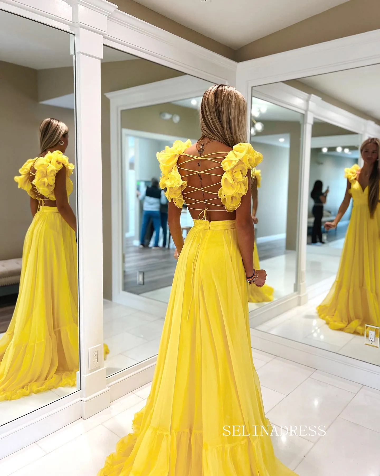 Chic A-line Straps Yellow Long Prom Dress Chiffon Elegant Party Dress #LOP801