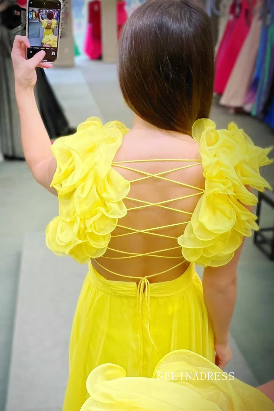 Chic A-line Straps Yellow Long Prom Dress Chiffon Elegant Party Dress #LOP801