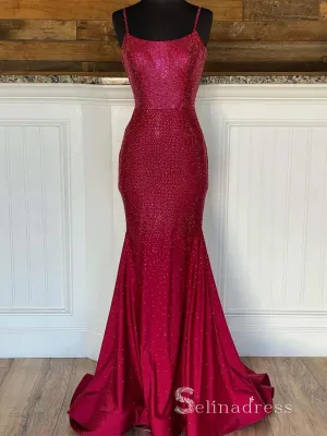 Chic Mermaid Spaghetti Straps Burgundy Long Prom Dresses Sparkly Evening Gowns MHL2881