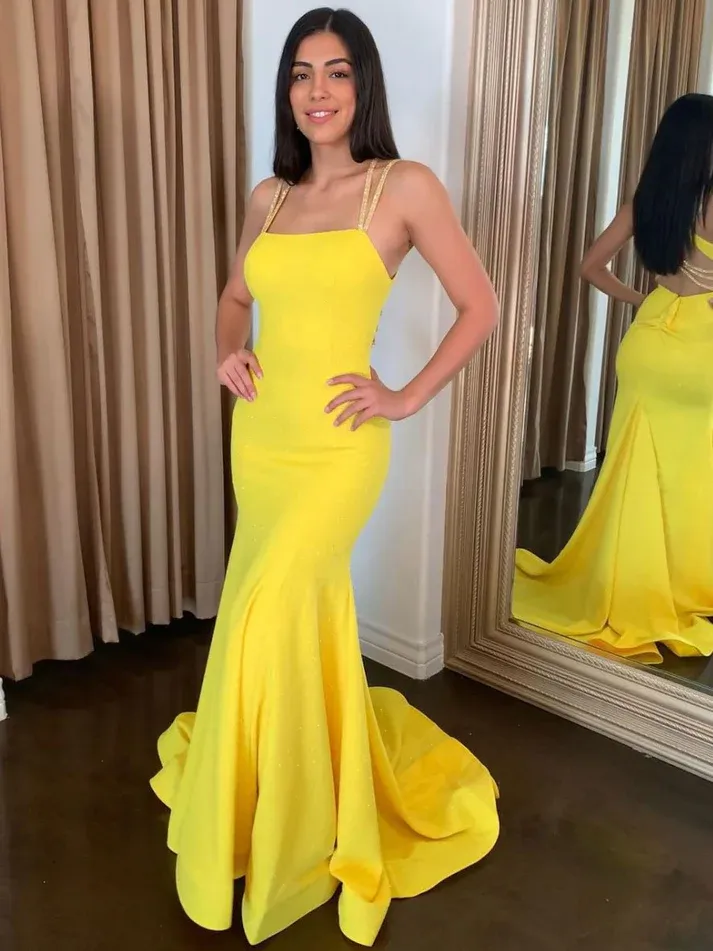 Chic Mermaid Straps Long Prom Dresses Elegant Yellow Evening Formal Gowns SEW0178