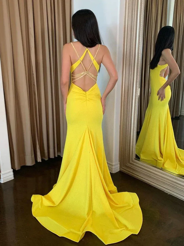 Chic Mermaid Straps Long Prom Dresses Elegant Yellow Evening Formal Gowns SEW0178