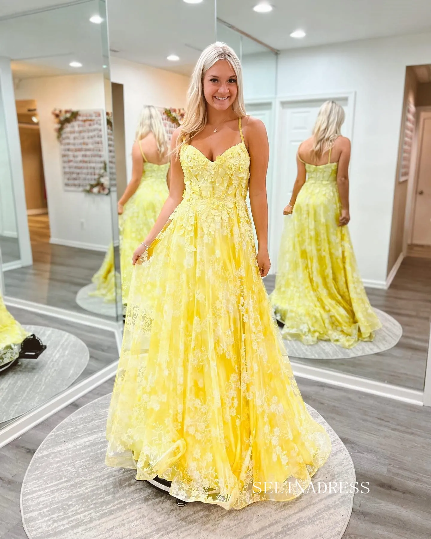 Chic Spaghetti Straps Applique Lace Long Prom Dress Yellow Elegant Evening Dress #LOP804