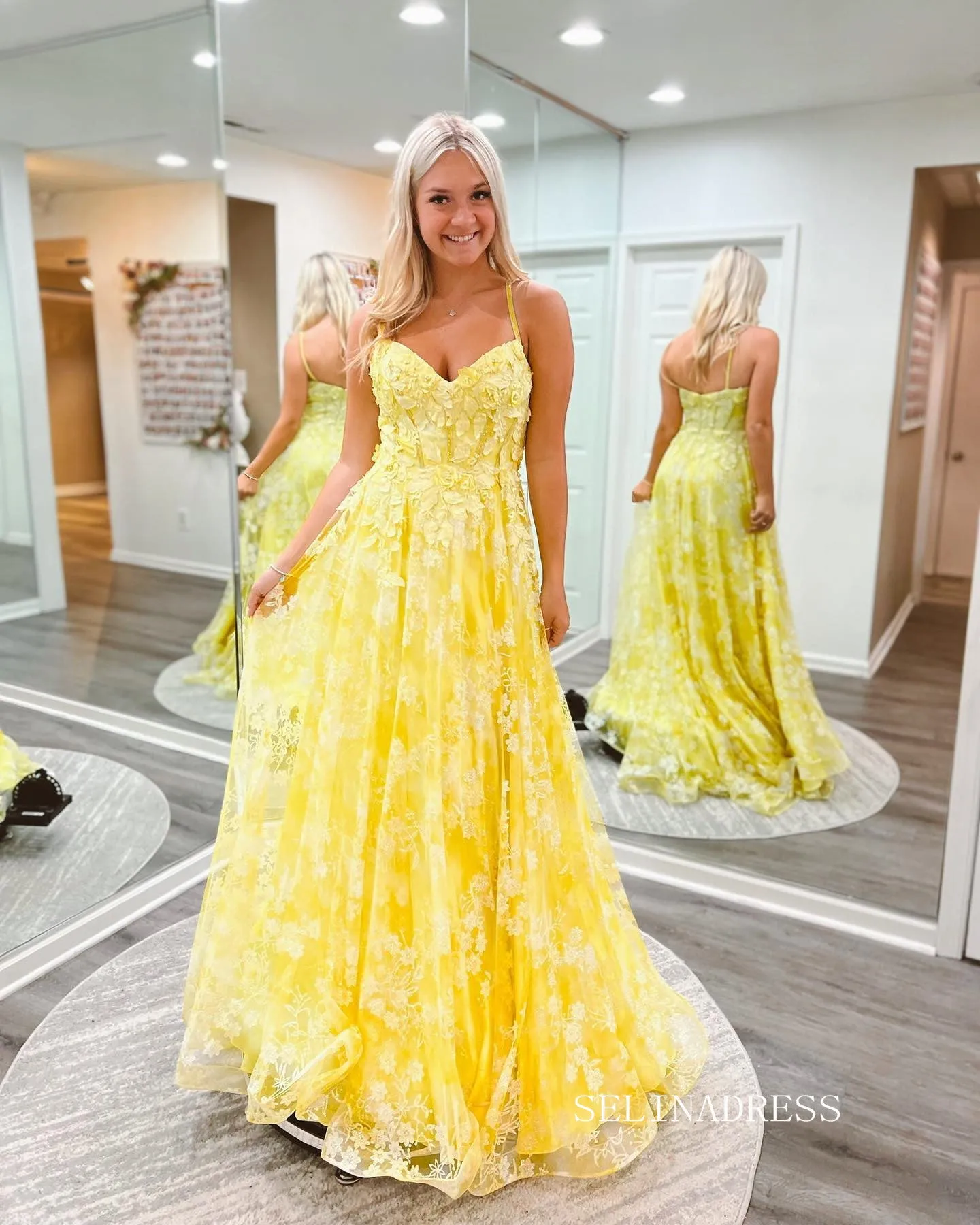 Chic Spaghetti Straps Applique Lace Long Prom Dress Yellow Elegant Evening Dress #LOP804