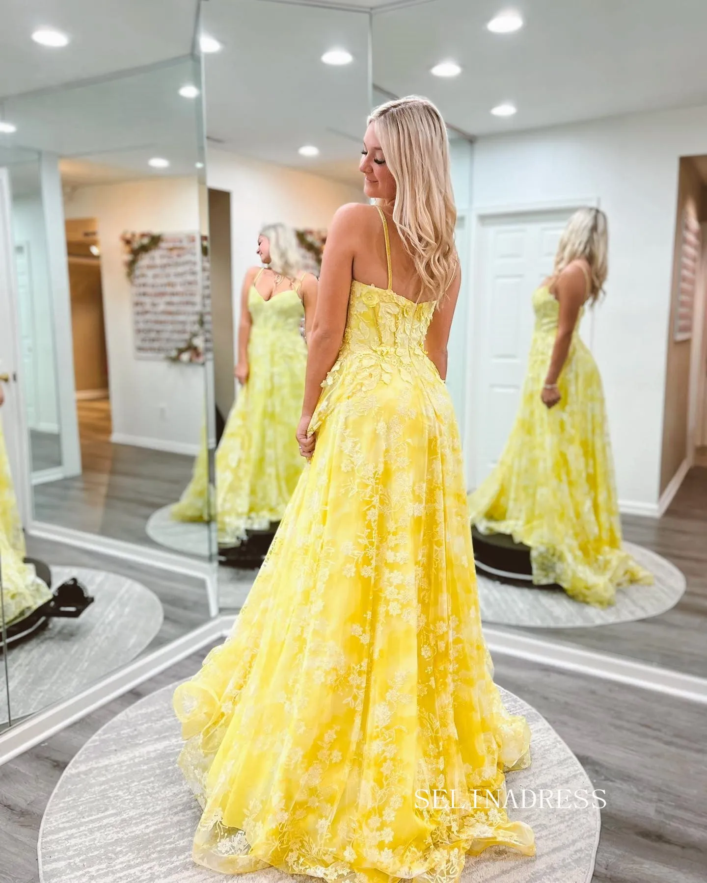 Chic Spaghetti Straps Applique Lace Long Prom Dress Yellow Elegant Evening Dress #LOP804