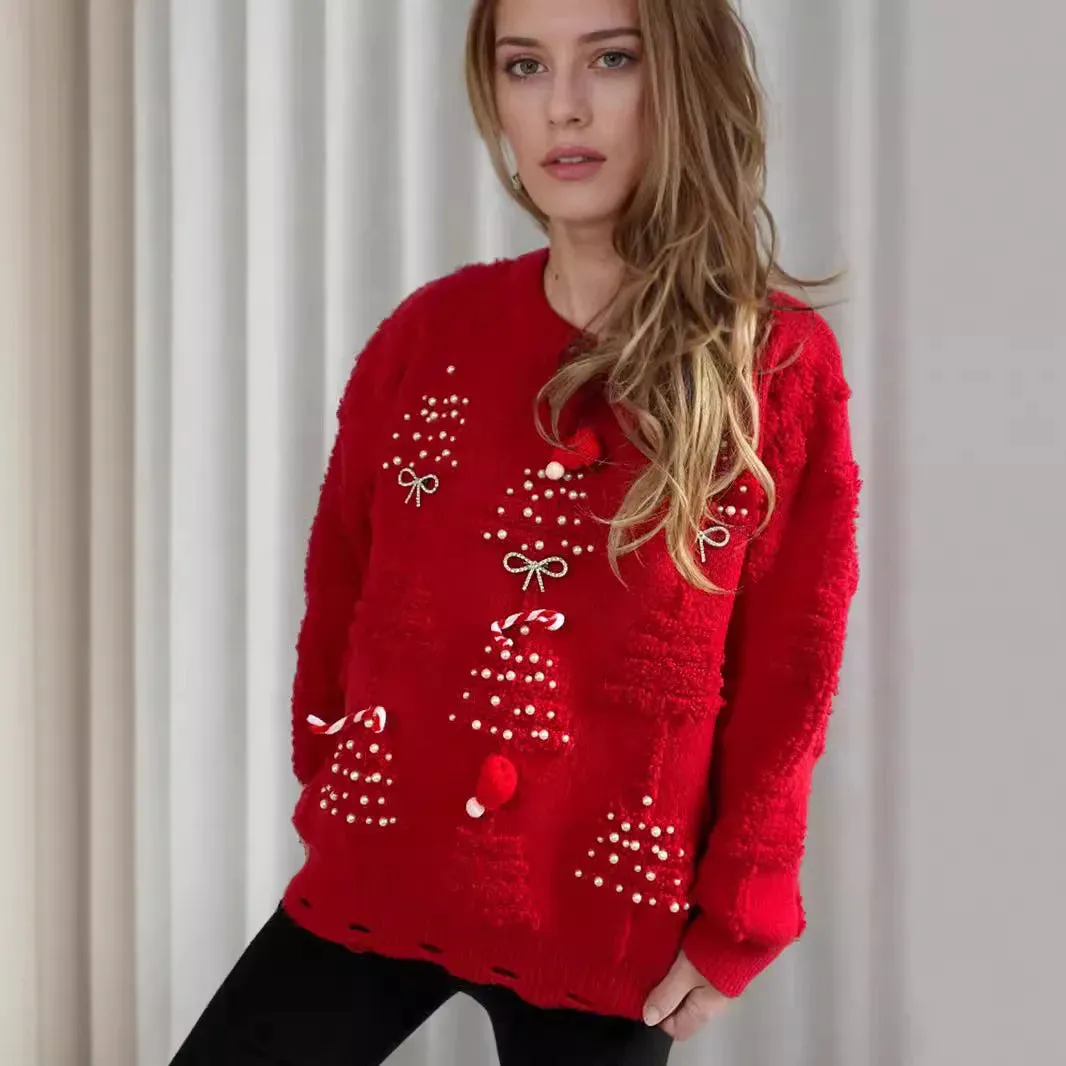 Chic Stylish Cozy Casual Warm Comfortable Korean O-Neck Christmas Bow Jumper Sweater