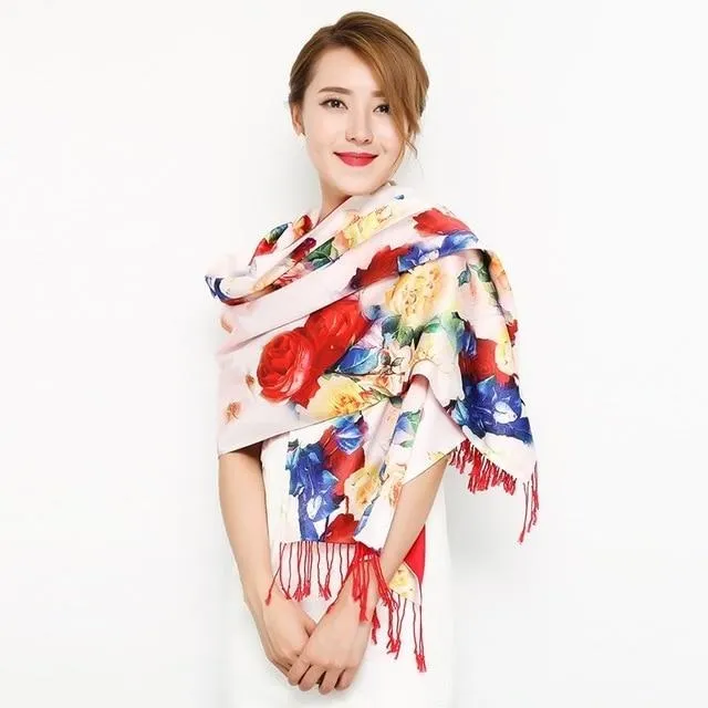 Chinese Style Flower Autumn Shawl Silk Cashmere Muffler Traditional  Fashion