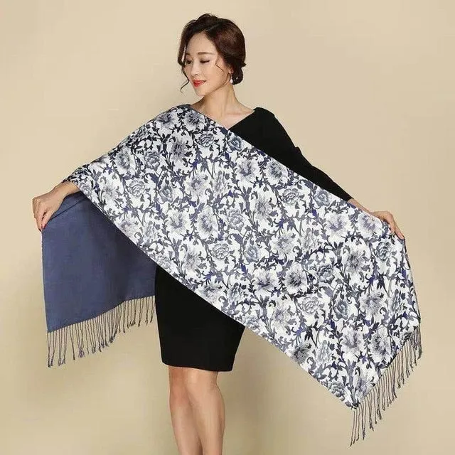 Chinese Style Flower Autumn Shawl Silk Cashmere Muffler Traditional  Fashion