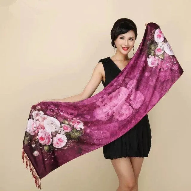 Chinese Style Flower Autumn Shawl Silk Cashmere Muffler Traditional  Fashion