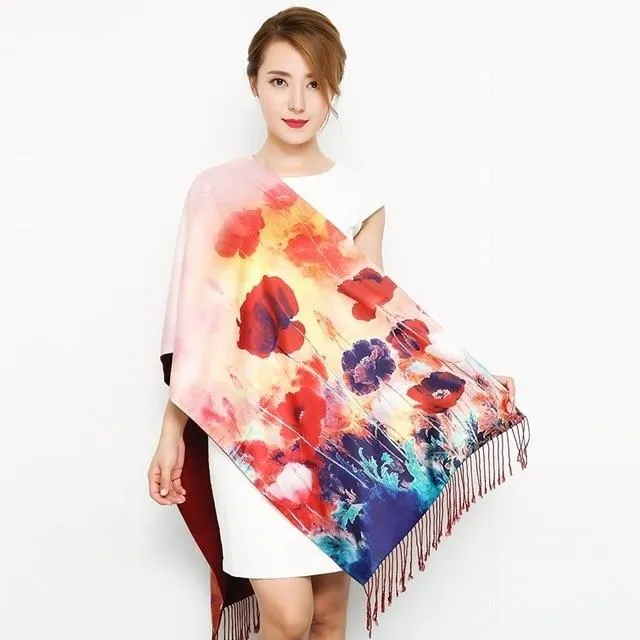 Chinese Style Flower Autumn Shawl Silk Cashmere Muffler Traditional  Fashion