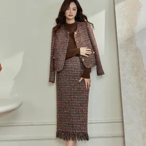 Coffee Tweed Skirt and Blazer Set