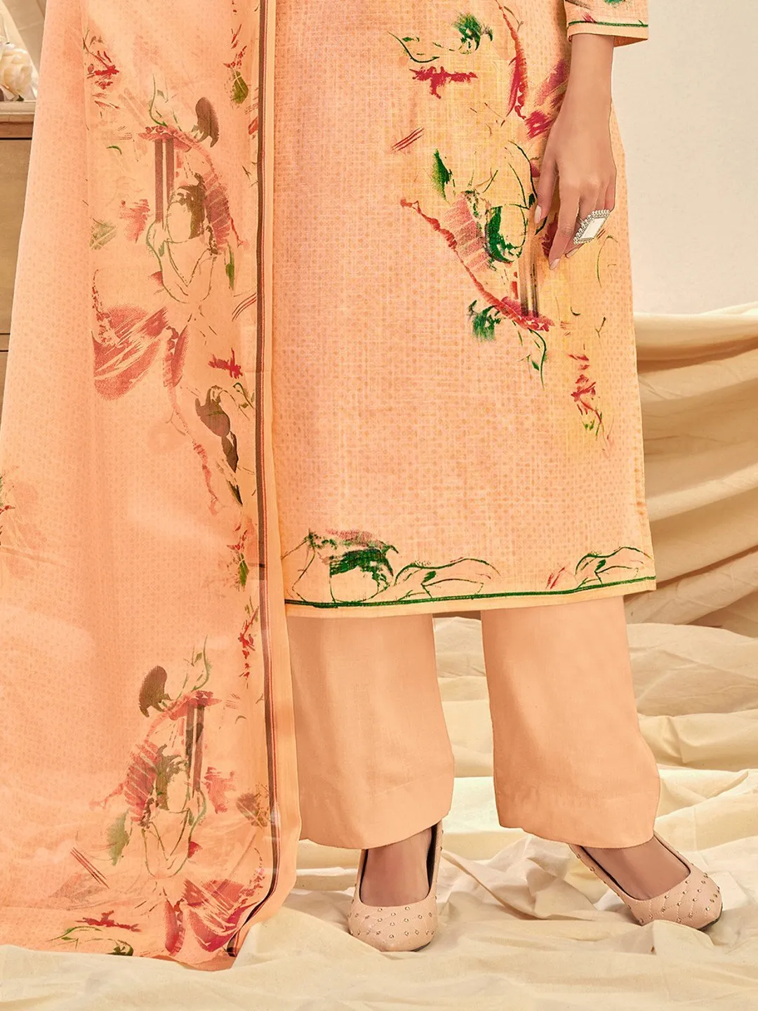 Cotton Linen Printed Light Orange Unstitched Suit With Chiffon Dupatta