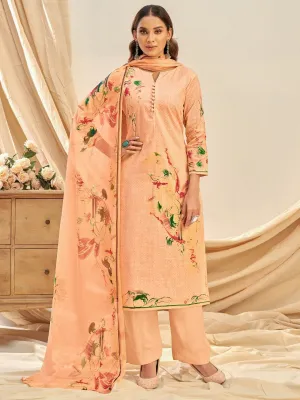 Cotton Linen Printed Light Orange Unstitched Suit With Chiffon Dupatta